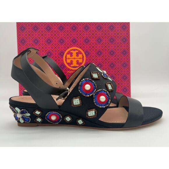 TORY BURCH BEADED BLACK WEDGE SANDALS ANKLE STRAP 7! - Picture 4 of 11